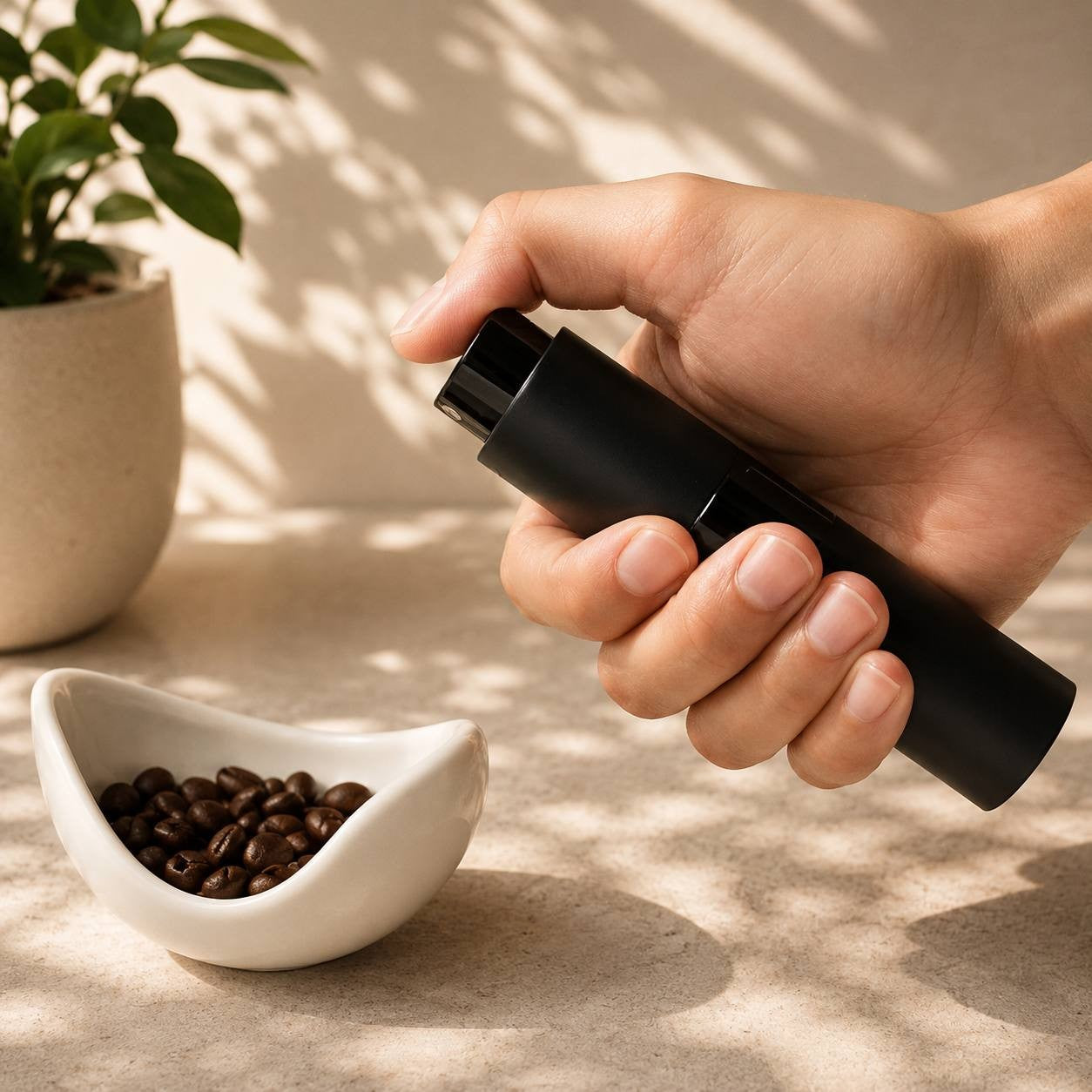Close-up of a person's hand holding a matte black aluminum fine mist spray bottle over a white bowl filled with roasted coffee beans.