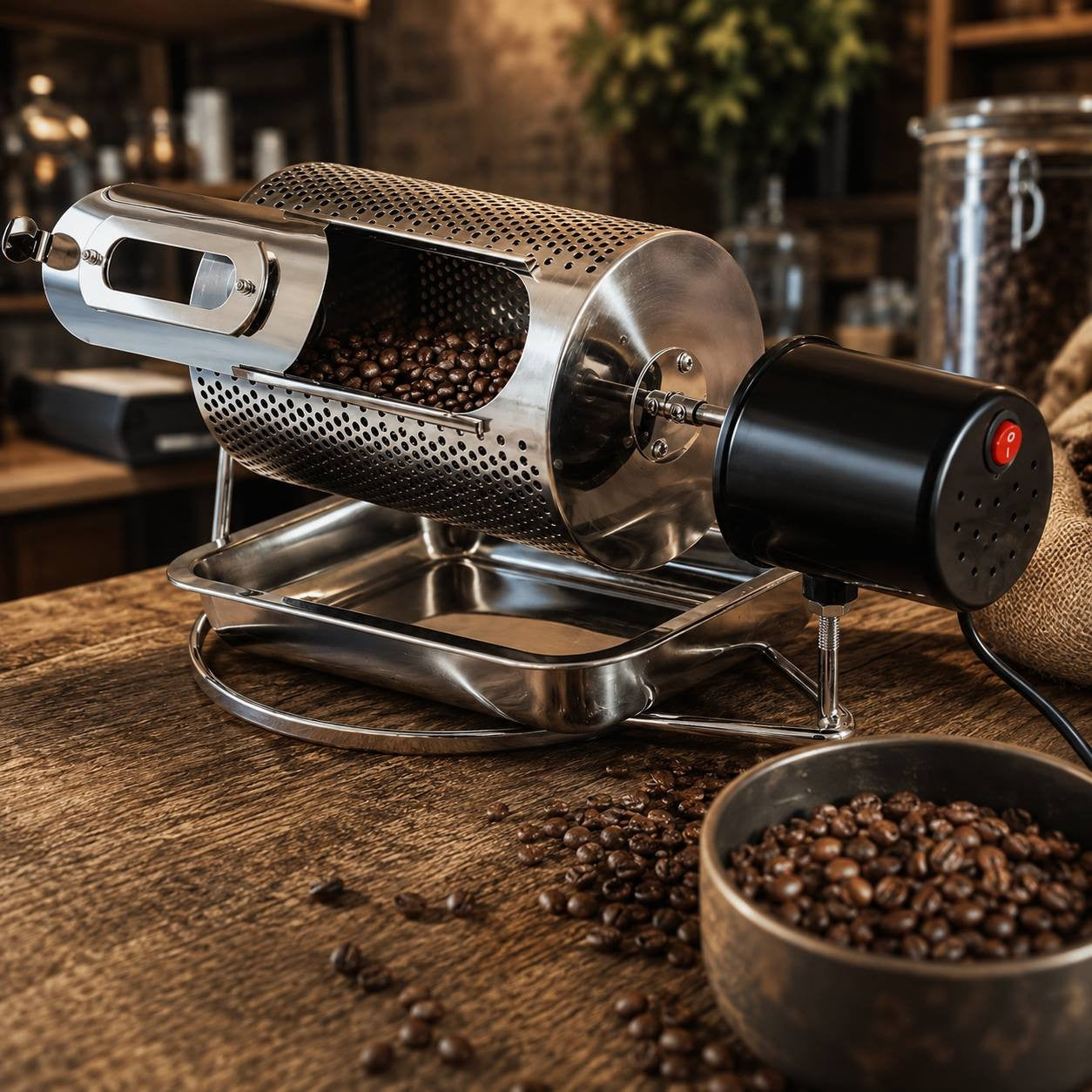 Stainless steel coffee bean roaster in operation, roasting fresh coffee beans with visible texture.