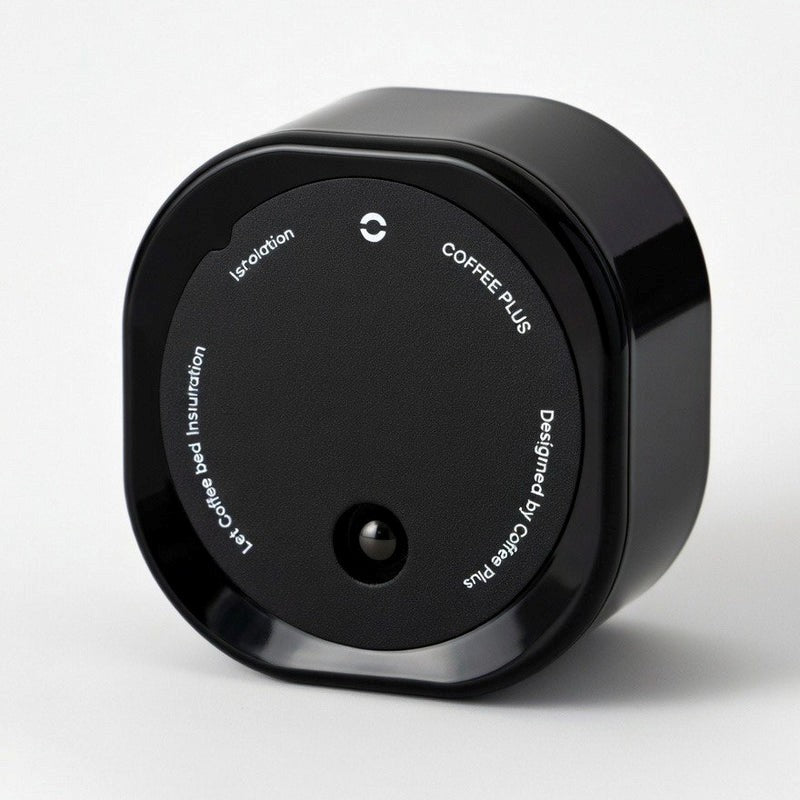 Black cylindrical product with branding on a white background