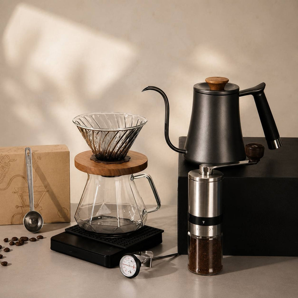A glass coffee dripper, gooseneck kettle, manual grinder, and thermometer arranged on a surface with coffee beans.