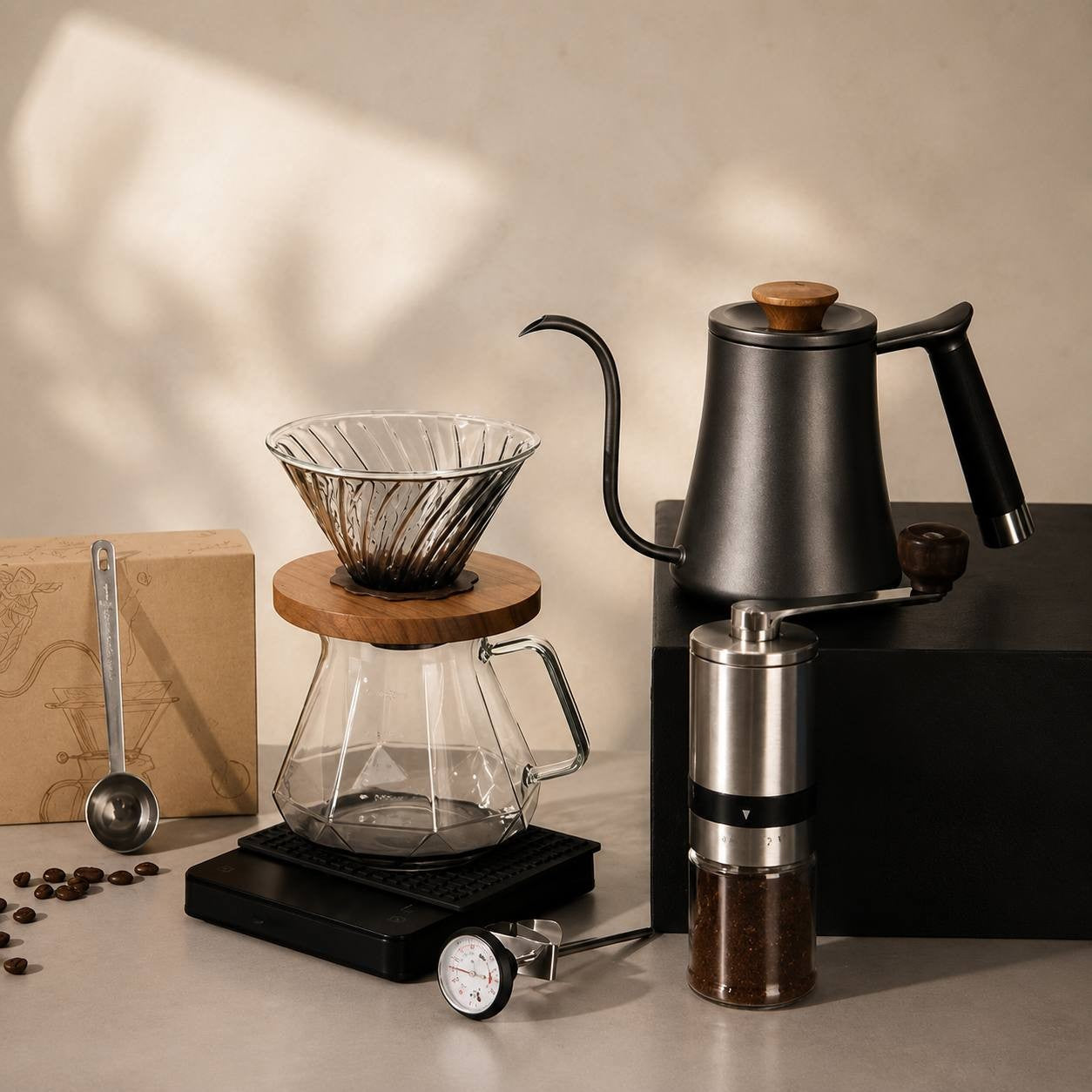 A glass coffee dripper, gooseneck kettle, manual grinder, and thermometer arranged on a surface with coffee beans.