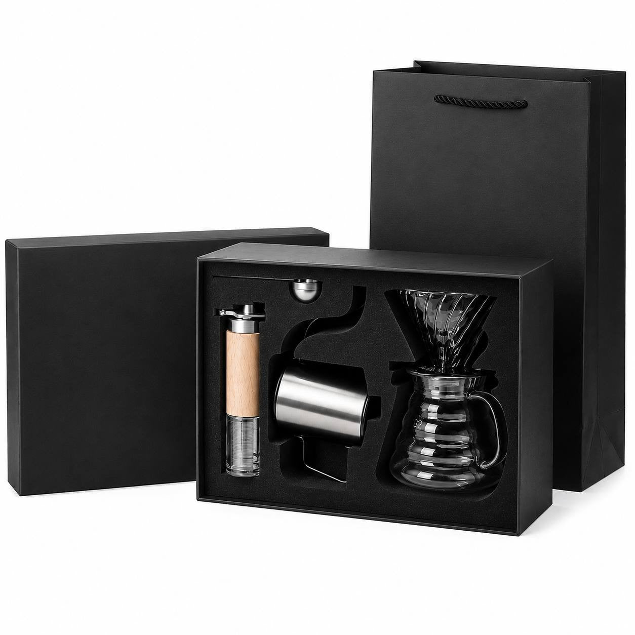 A black gift box with a matching paper shopping bag, featuring a coffee dripper, kettle, and grinder set.