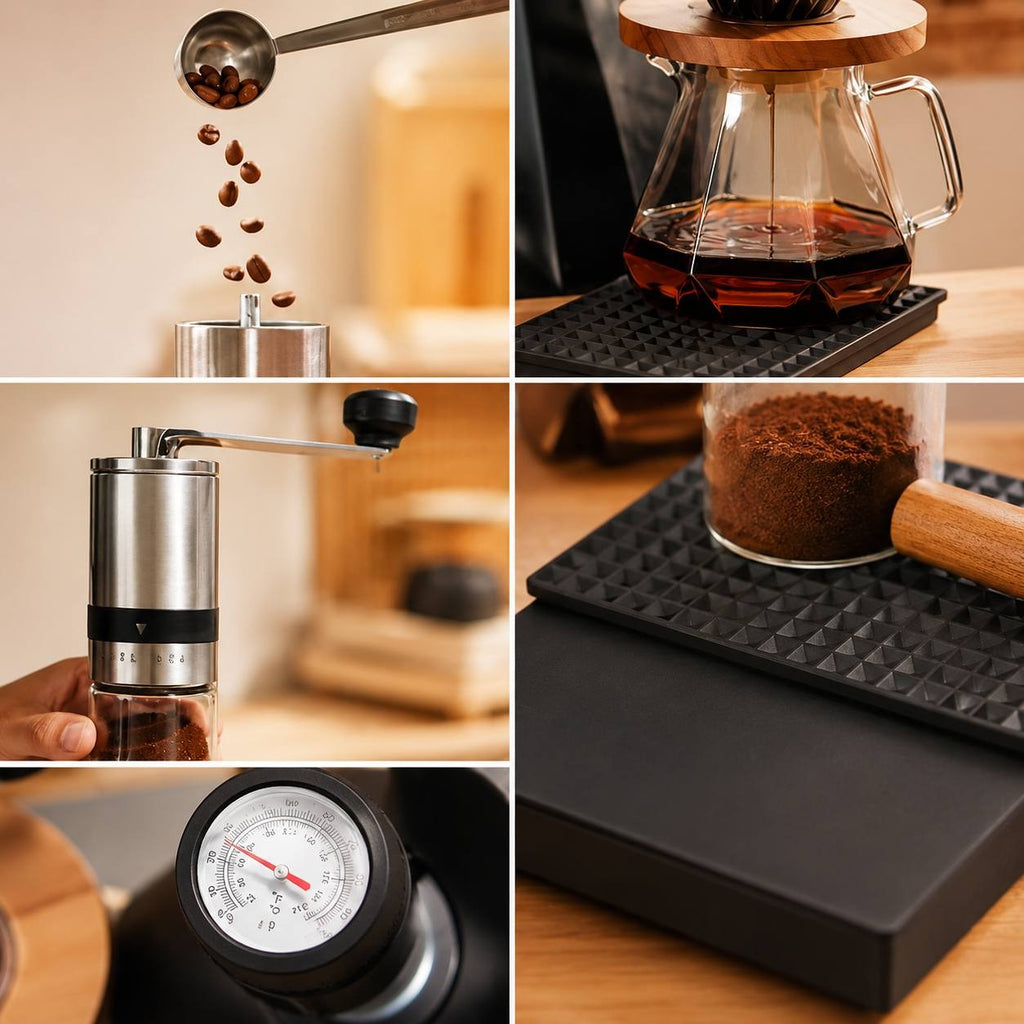 A collage showing coffee beans being scooped, a dripper in use, a manual grinder, and a thermometer.
