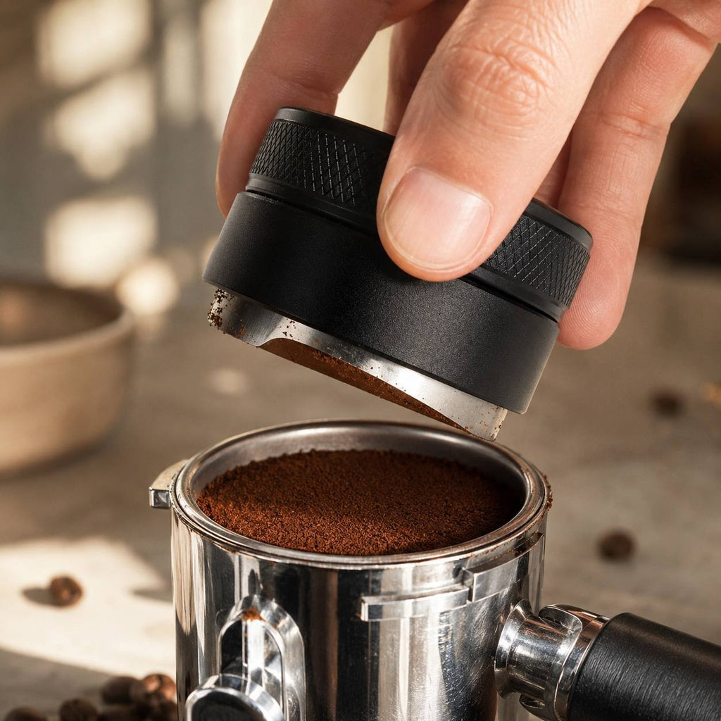 Close-up of a person using a professional matte black dual-head coffee distributor and tamper tool over a steel portafilter filled with ground coffee.