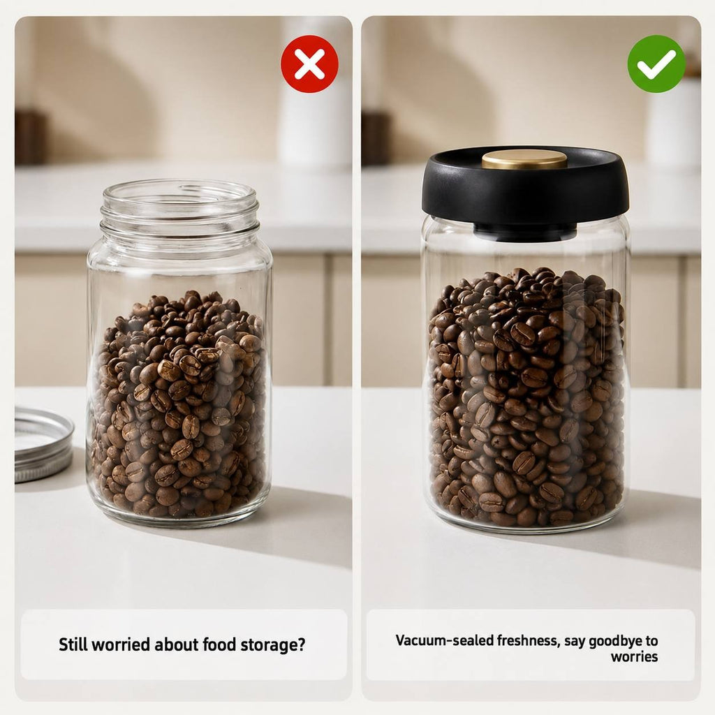 Comparison image showing coffee beans in a standard jar versus a vacuum-sealed canister with fresh storage benefits.