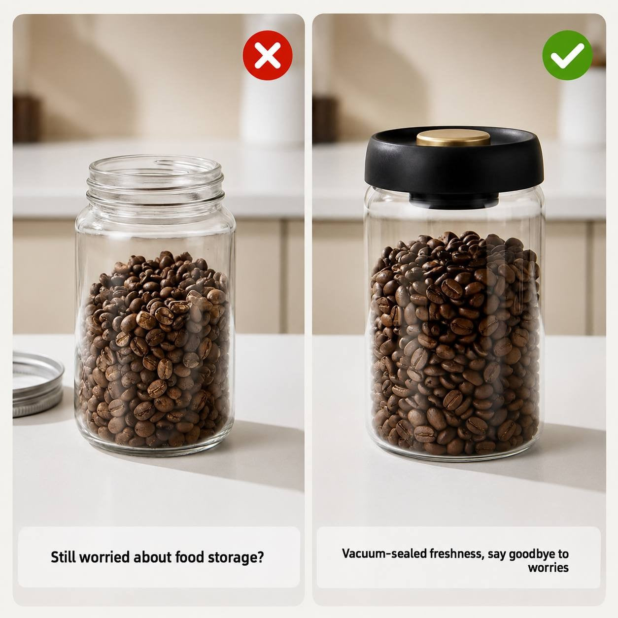 Comparison image showing coffee beans in a standard jar versus a vacuum-sealed canister with fresh storage benefits.
