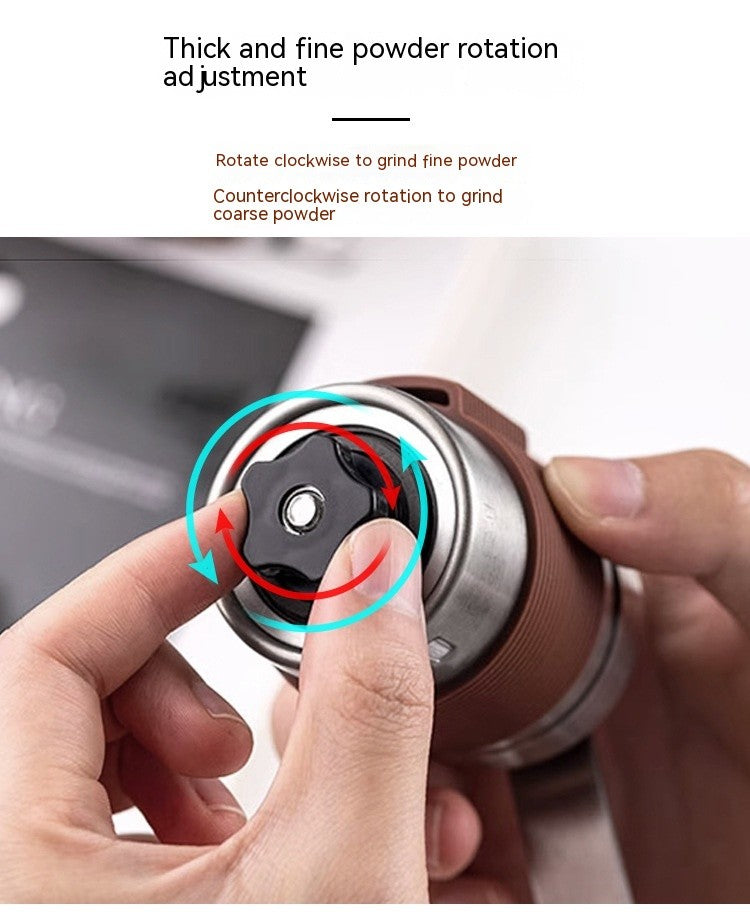 Hand adjusting a powder grinder with text on thick and fine powder rotation.