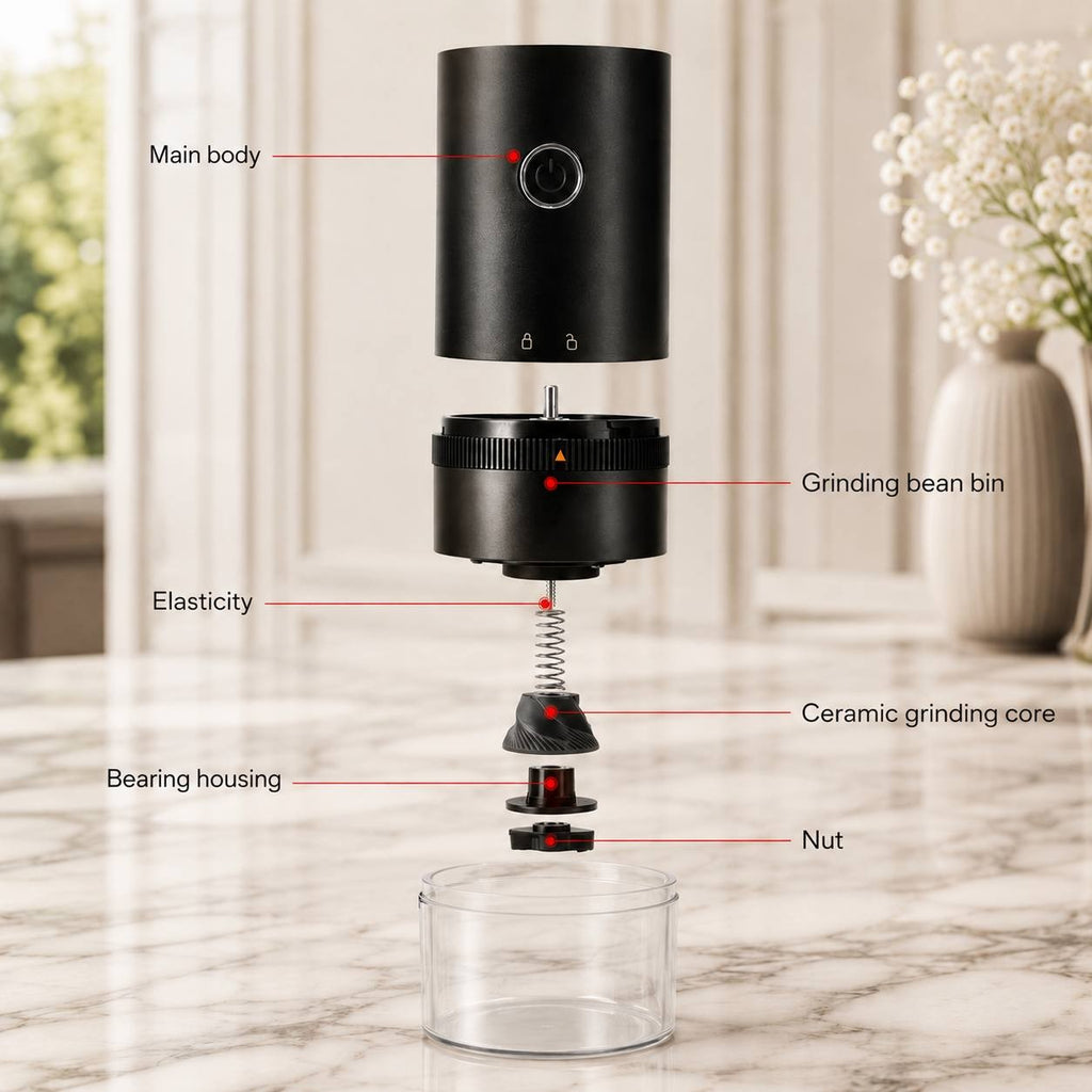 Exploded view diagram of a portable coffee grinder showing the main body, bean bin, spring, ceramic core, bearing housing, and nut.