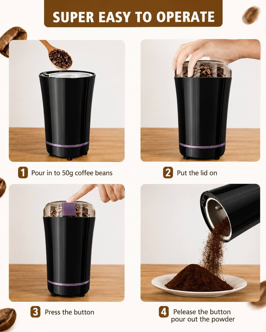 Side view of a modern electric coffee grinder showing the power port and rose gold details.