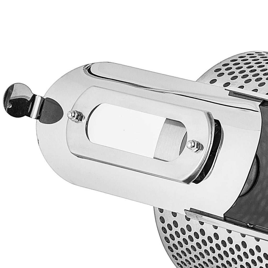 Close-up detail of the stainless steel coffee roaster drum, featuring a clear viewing window for monitoring the roasting process.
