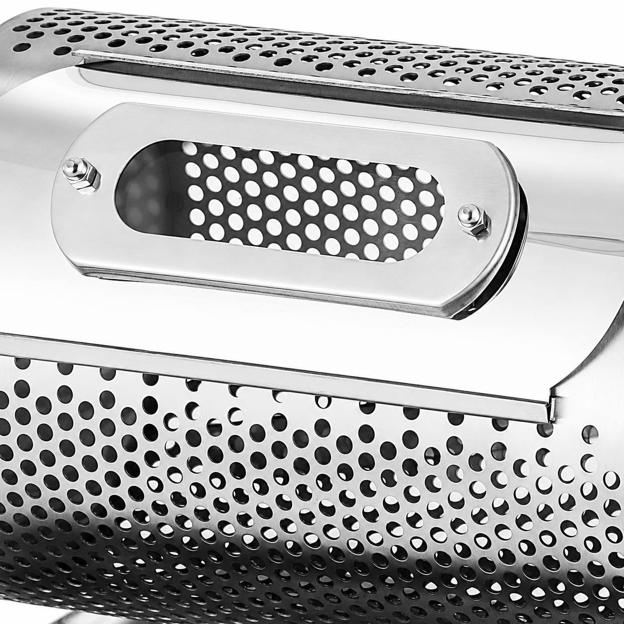 Close-up detail of the stainless steel perforated drum with a clear viewing window for monitoring coffee beans during roasting.