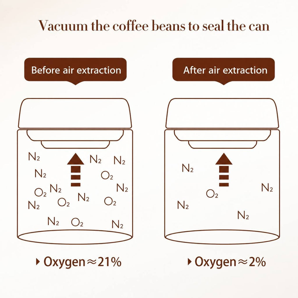Informative diagram showing oxygen reduction from 21% to 2% inside a coffee storage canister before and after air extraction.
