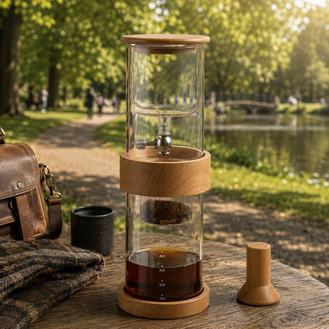 Wooden and glass ice drip coffee maker cold brew tower standing on an outdoor rustic wooden table with trees in background.