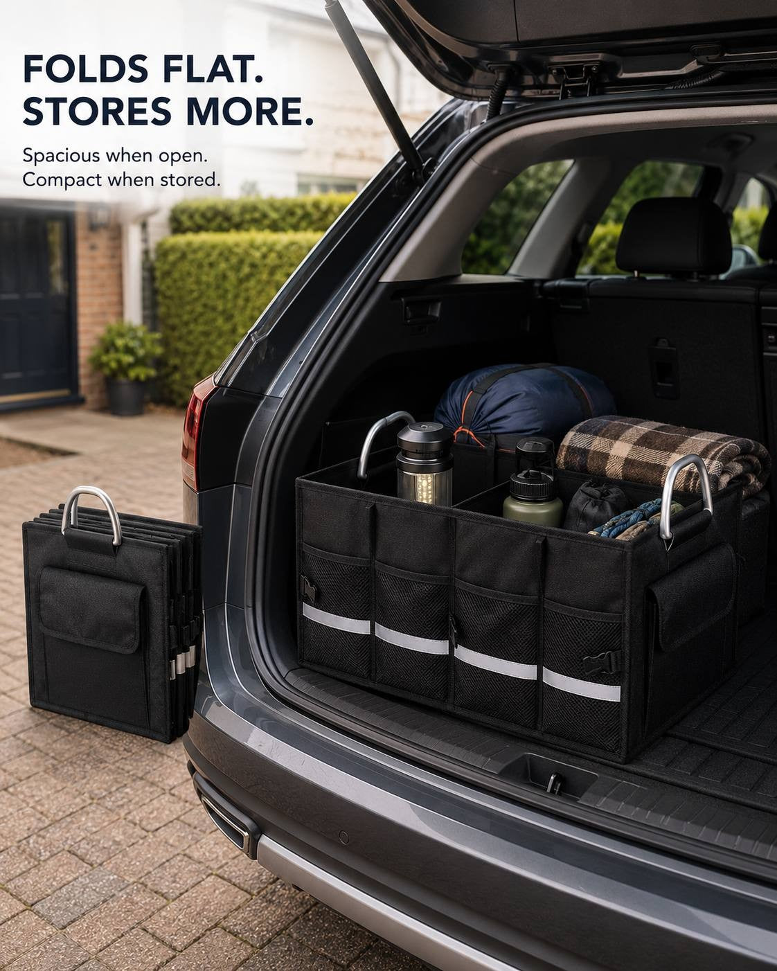 A black car trunk organiser shown fully open and filled with travel gear inside an SUV boot, with a folded flat version standing next to it on the ground showing its compact storage form.
