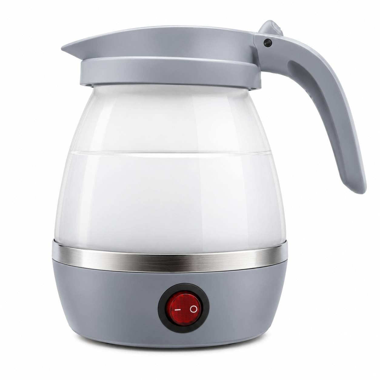 Studio product shot of a grey and white portable, collapsible silicone electric kettle with a red power switch, isolated on a white background.