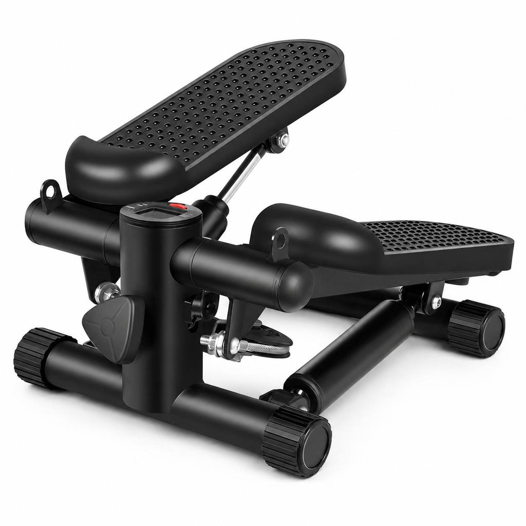 A standalone black fitness stepper with textured foot pedals, a digital monitor display, and sturdy base tubes, presented on a clean white background.