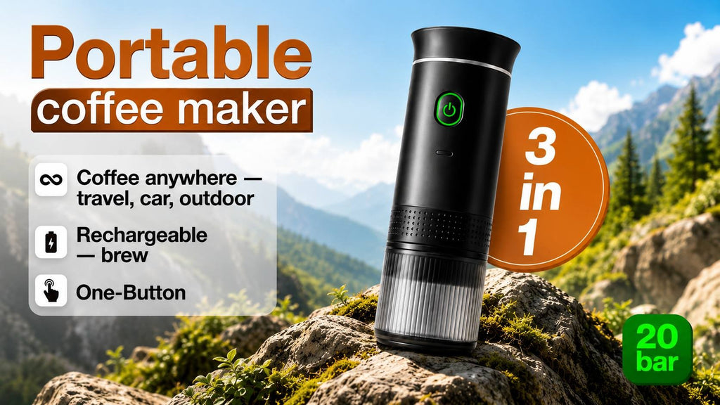 A portable coffee maker shown outdoors on rocks with mountains and trees in the background. Large text reads 'Portable coffee maker,' with feature callouts including 'Coffee anywhere — travel, car, outdoor,' 'Rechargeable — brew,' and 'One-Button.