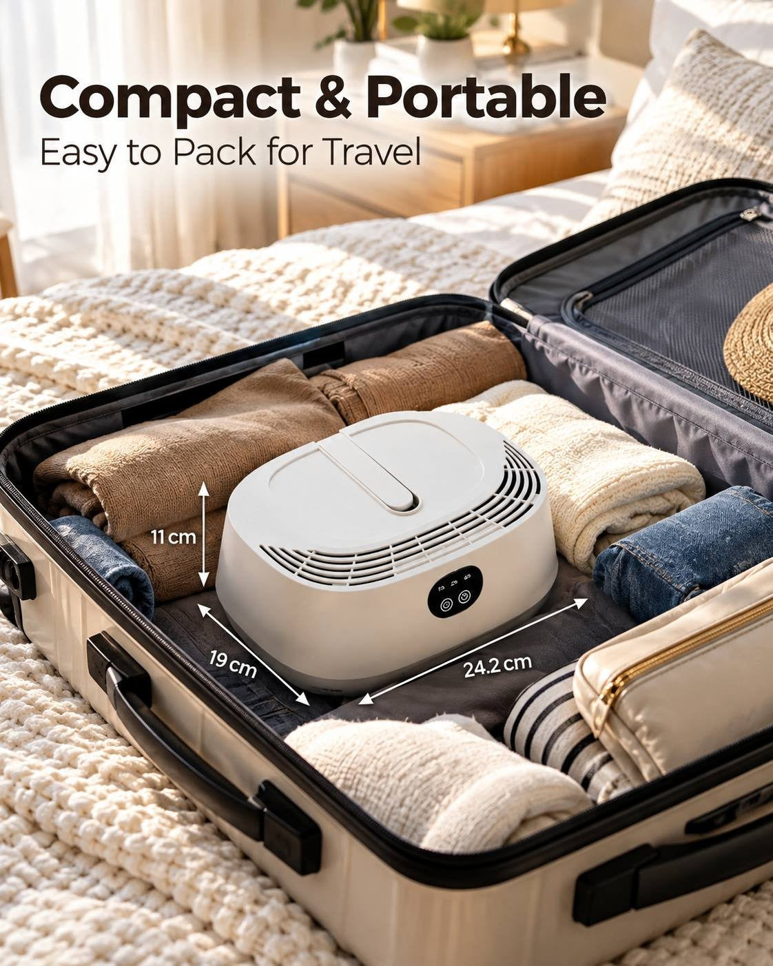 Product view of a compact and portable white travel dehumidifier or air device packed inside an open suitcase with dimensions 24.2 cm length, 19 cm width, and 11 cm height.