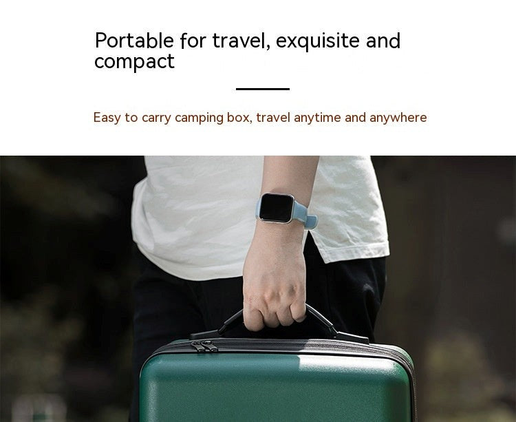 Person holding a green suitcase with text about its portability and compactness.
