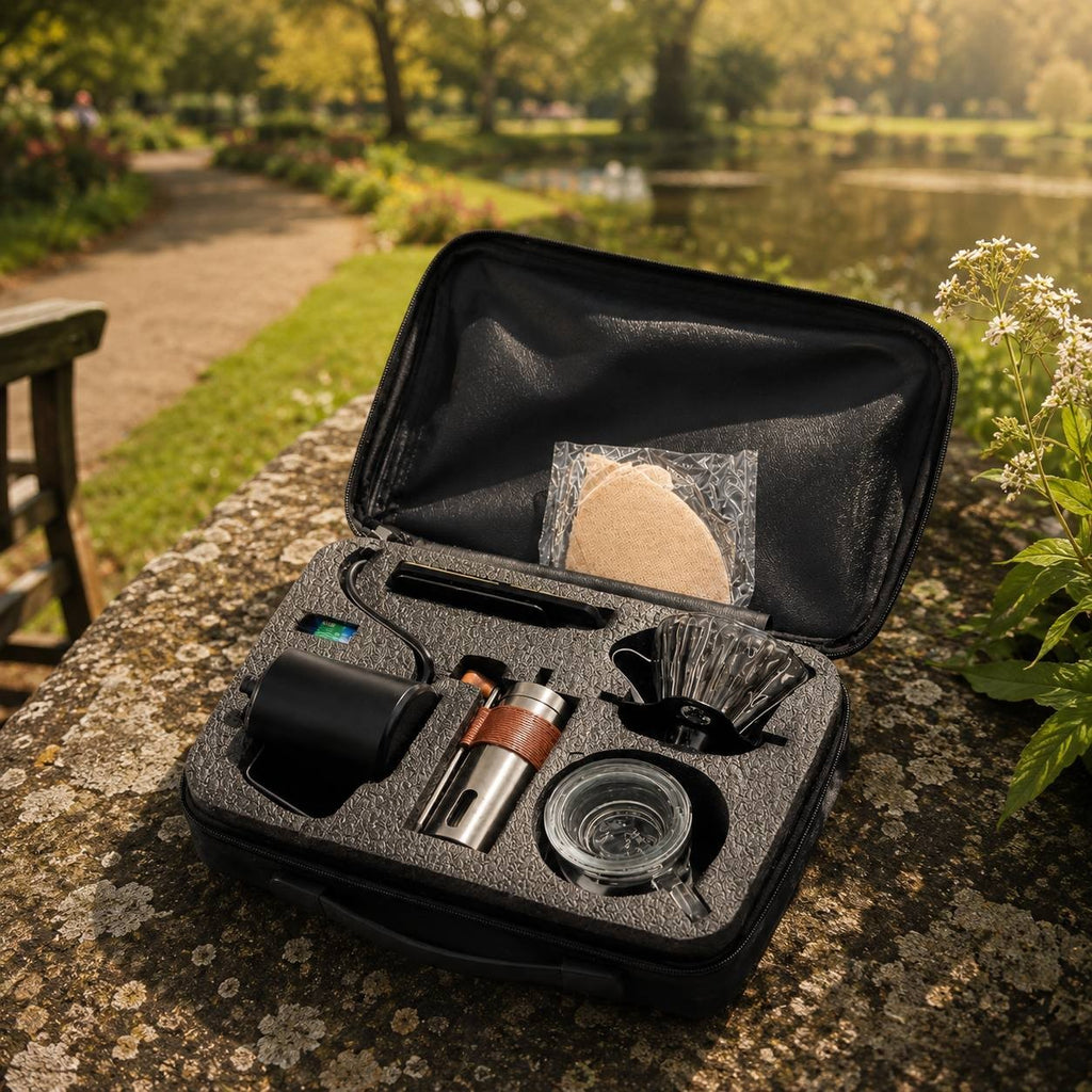 Four-panel collage showing a black carbon fiber textured travel coffee case close-up and its internal custom foam compartments.