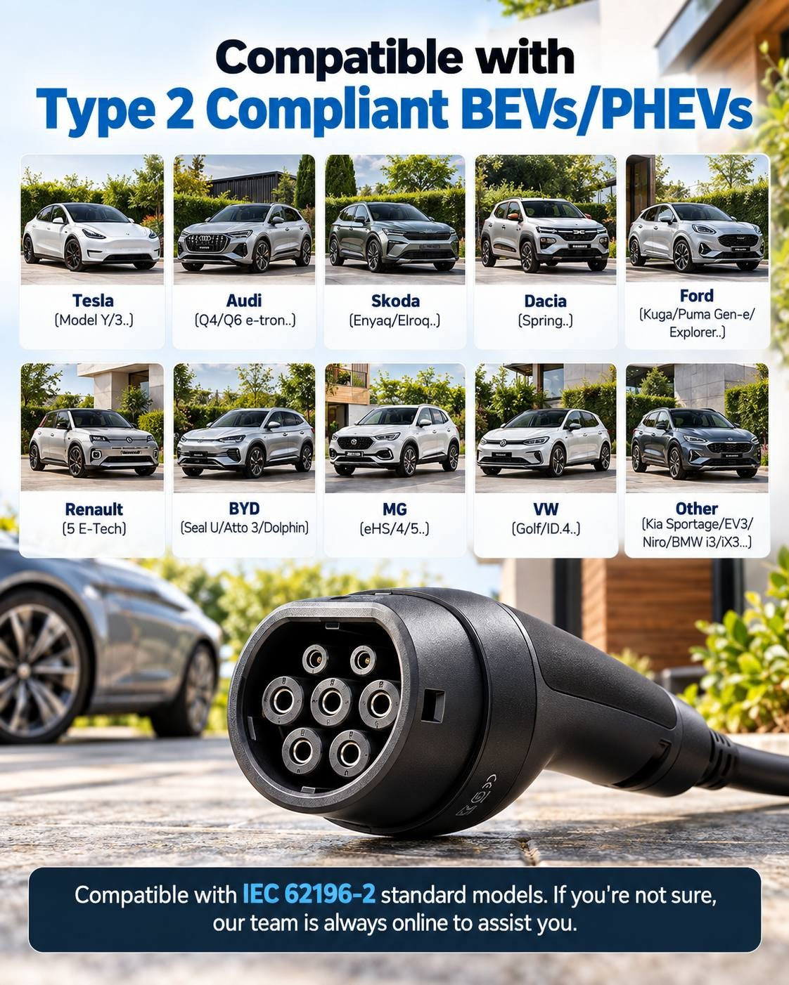 Compatibility grid showcasing various Type 2 compliant BEVs and PHEVs including Tesla, Audi, Skoda, Dacia, Ford, Renault, BYD, MG, VW, and other standard models matching IEC 62196-2.