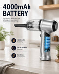 Promotional graphic reading "4000mAh Battery" showing an internal view of the battery cells inside the handle of a silver cordless handheld vacuum cleaner, highlighting up to 45 minutes of cleaning time.