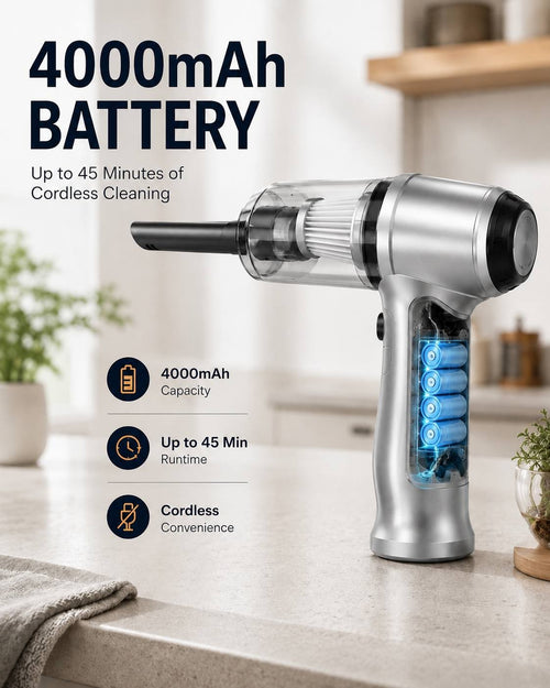 Promotional graphic reading "4000mAh Battery" showing an internal view of the battery cells inside the handle of a silver cordless handheld vacuum cleaner, highlighting up to 45 minutes of cleaning time.
