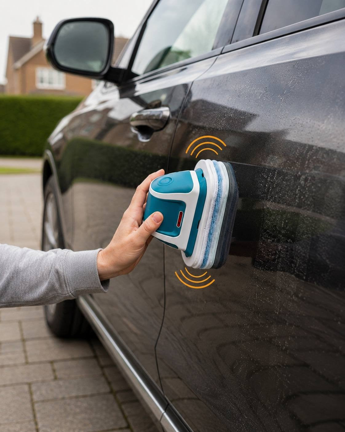 A person using a teal and white cordless electric cleaning scrubber with multiple stacked microfiber pads to wash and clean the dark car door body outdoors.