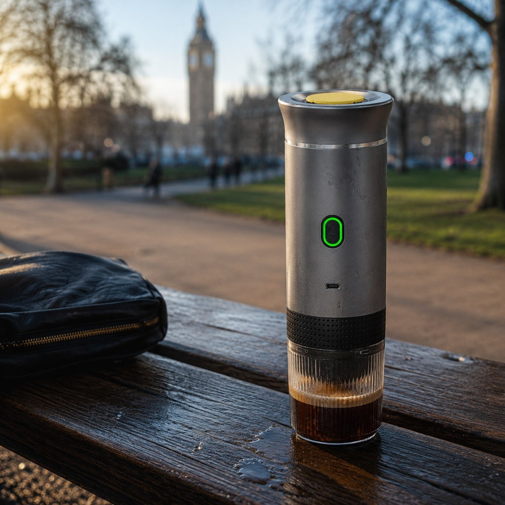 Portable coffee maker with a green light on a wooden bench in a park with Big Ben in the background