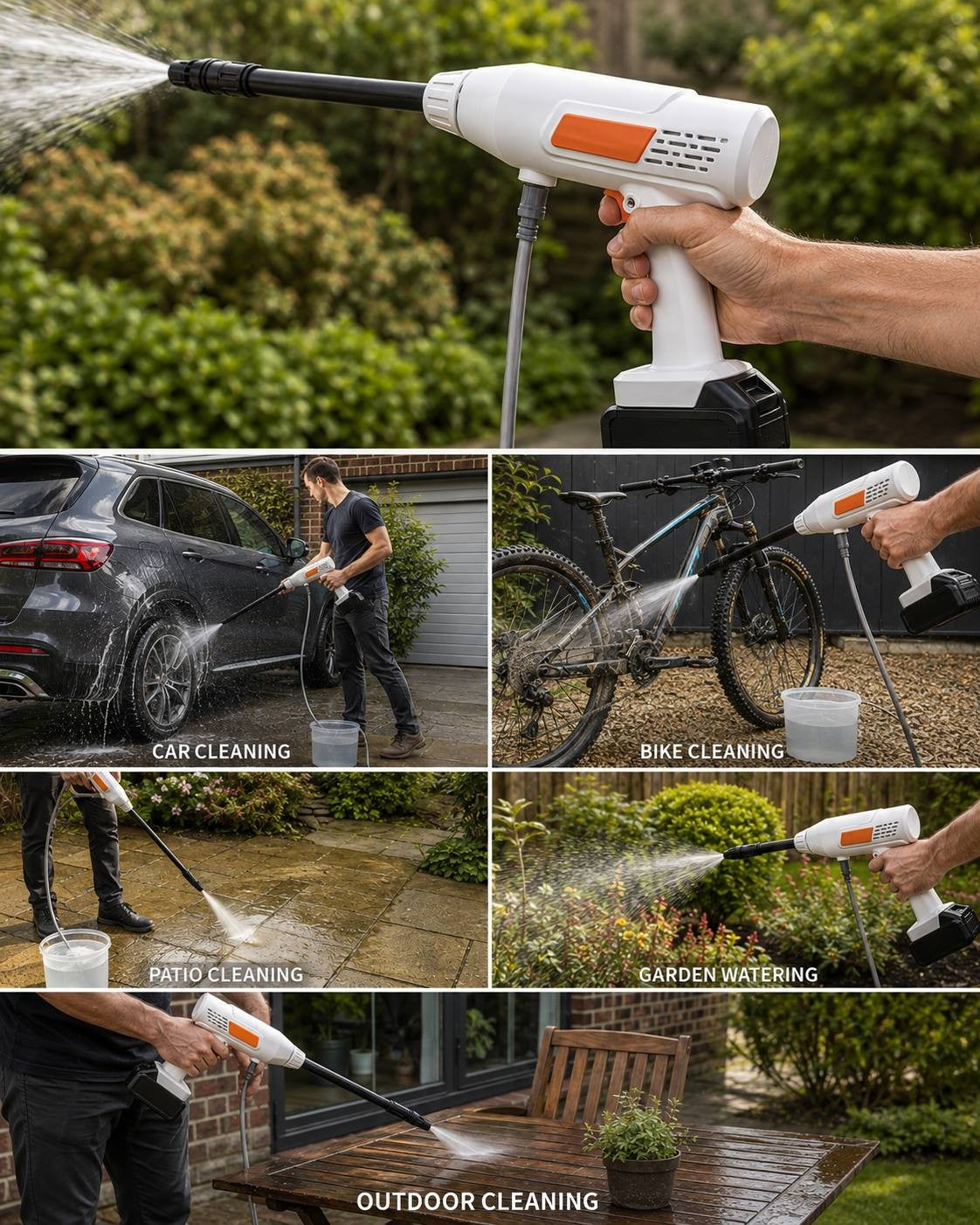 Multi-panel overview showing a cordless pressure washer gun being used for car cleaning, bike cleaning, patio cleaning, garden watering, and outdoor furniture cleaning.
