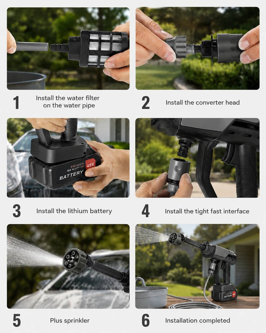 Step-by-step visual installation guide showing how to assemble the cordless pressure washer, including attaching the water filter, converter head, lithium battery, water hose interface, and starting operation.