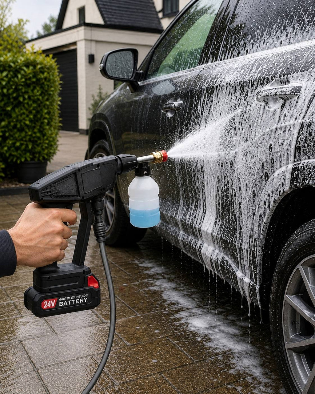 A close-up action shot of a person using a 24V cordless pressure washer equipped with a soap foam bottle to spray thick cleaning foam onto the side of a grey