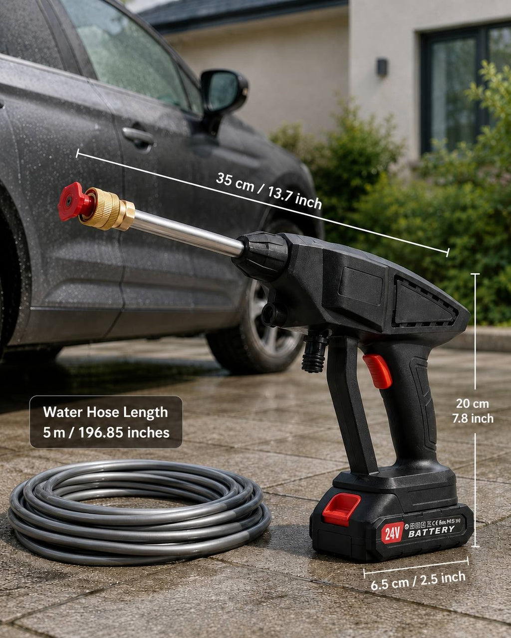 An informational product image showing a 24V cordless pressure washer next to a parked car, with dimension overlays indicating a 35 cm / 13.7 inch nozzle length, 20 cm / 7.8 inch height, 6.5 cm / 2.5 inch base width, and a 5 m / 196.85 inch water hose.