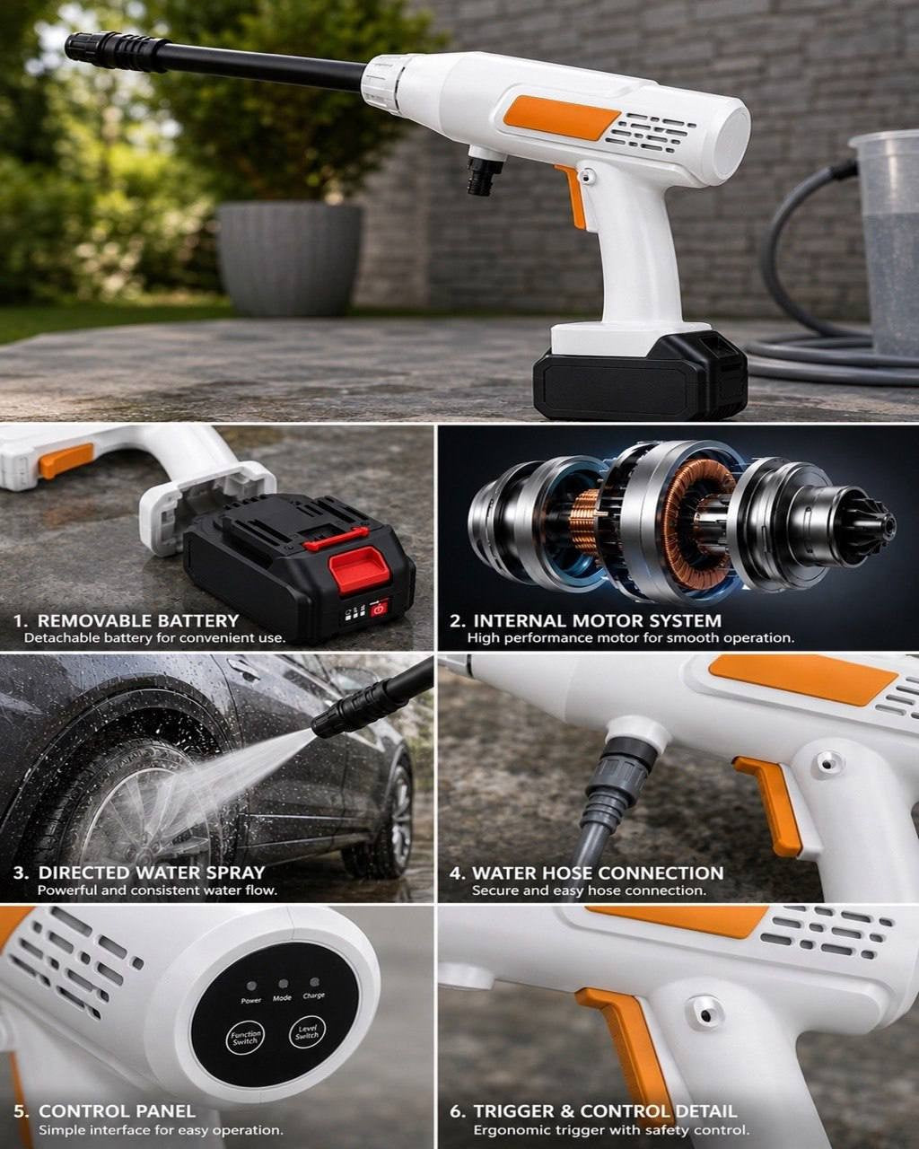 Six-panel infographic detailing the components of a cordless pressure washer: removable battery, internal motor system, directed water spray, water hose connection, control panel, and trigger with safety control.
