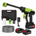 Full set of a green and black cordless pressure washer with two 48V lithium batteries, charger, water hose, filter, soap foam bottle, quick connectors, and a black storage case.