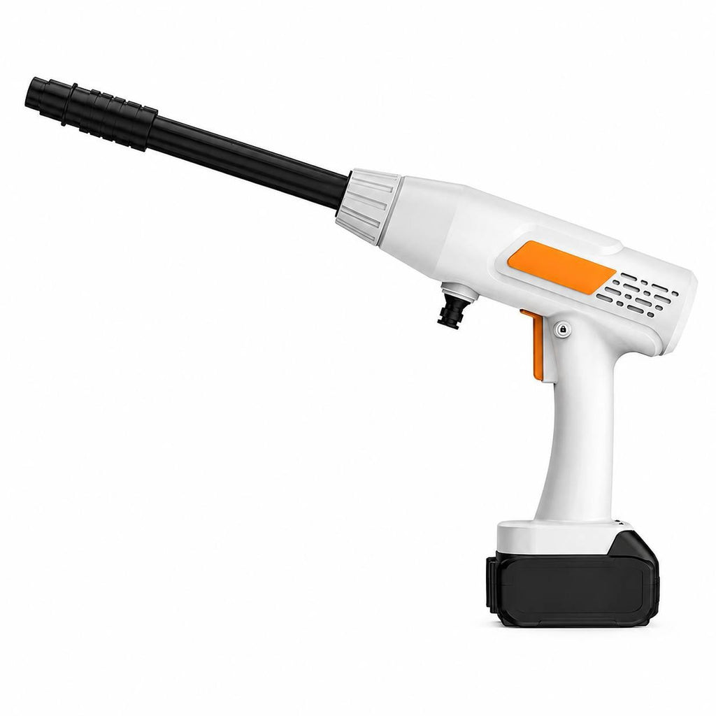 White and orange cordless electric pressure washer gun with a black nozzle and removable battery pack, isolated on a white background.