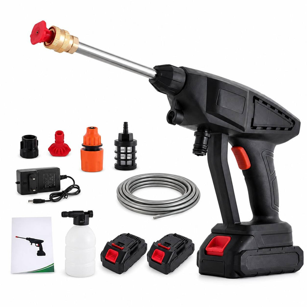 Studio product shot of a complete cordless pressure washer kit on a white background, featuring a black 24V pressure washer gun, two rechargeable batteries, a charger, a soap foam bottle, a water hose, spray nozzles, and an instruction manual.