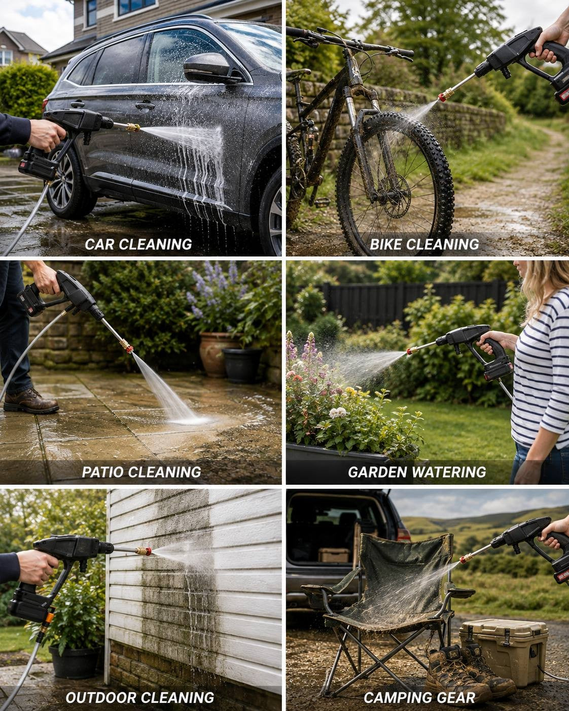 A collage of six action photos demonstrating the versatility of a portable cordless pressure washer being used for car cleaning, bike washing, patio washing, garden watering, outdoor wall cleaning, and rinsing camping gear.
