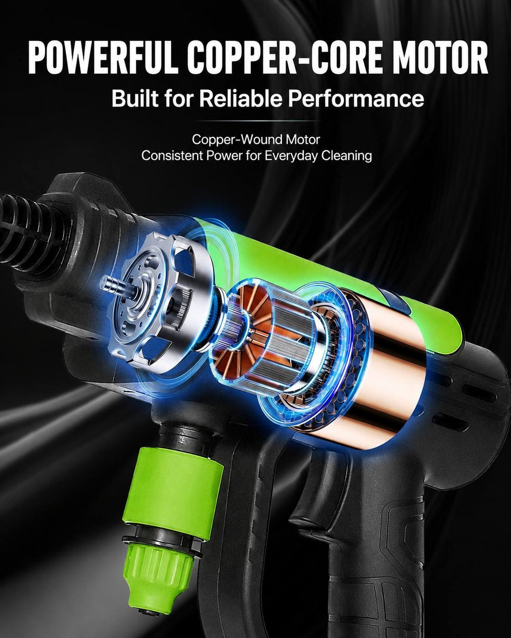 Promotional cutaway graphic showing the internal copper-wound motor of a cordless pressure washer designed for reliable everyday performance.