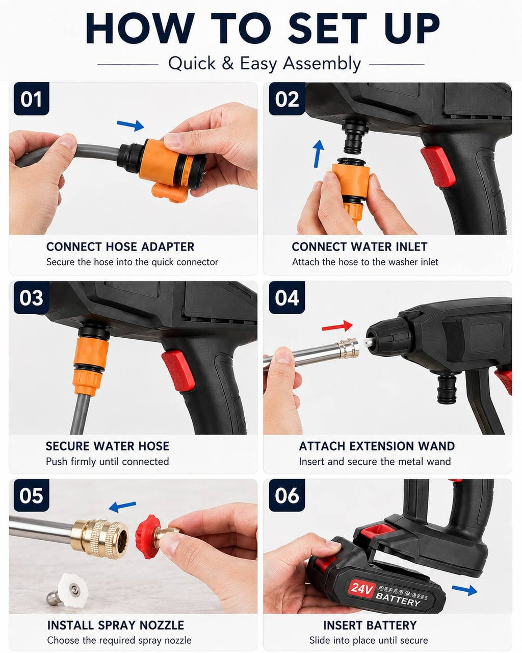 An instructional guide graphic showing six step-by-step assembly steps for a 24V cordless pressure washer, including connecting the hose adapter, attaching the water inlet, securing the hose, attaching the extension wand, installing the spray nozzle, and inserting the battery.