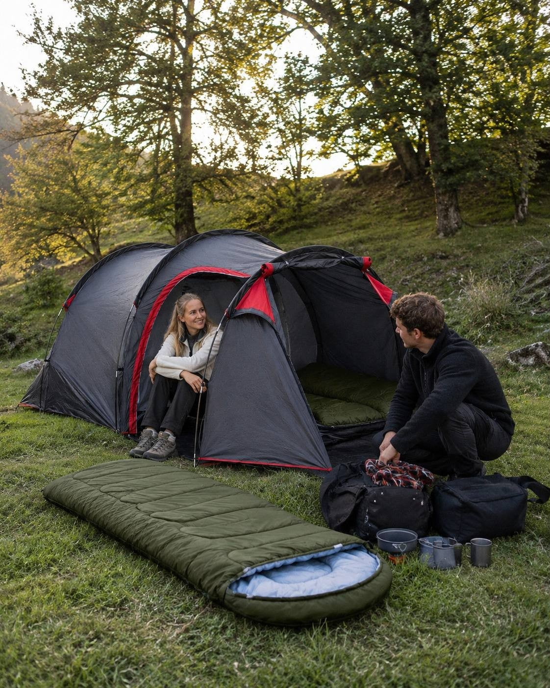 A young couple camping in a forest clearing at sunset, with a woman sitting in the doorway of a grey and red tunnel tent where sleeping bags are visible inside, a man unpacking gear next to camping cookware outside, and an extra green sleeping bag resting on the grass.