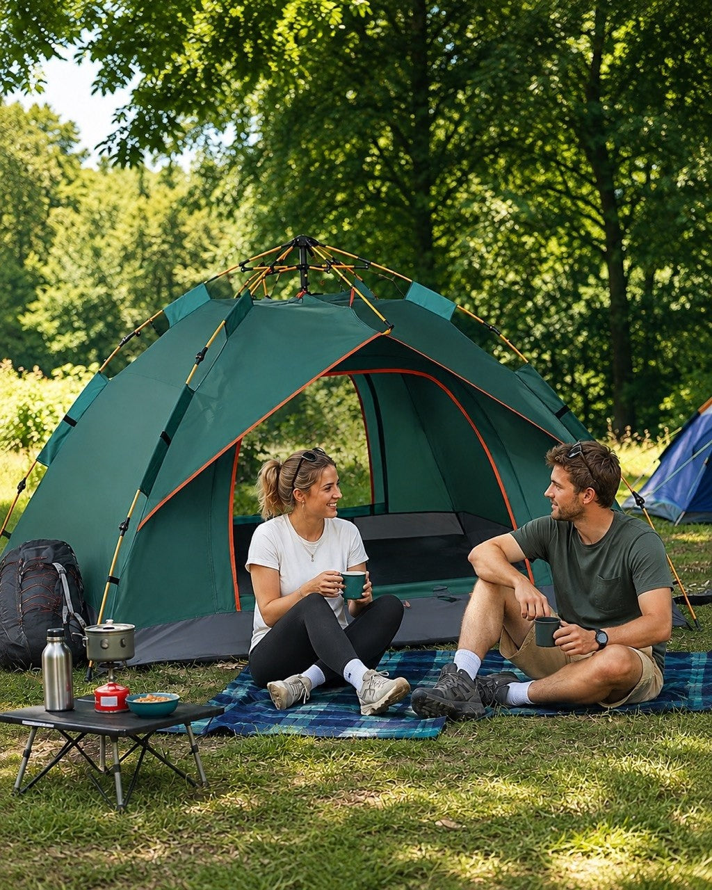 A man and woman sitting together on a blanket outside a green automatic tent in a sunny forest clearing, enjoying drinks while a portable camp stove and table stand nearby