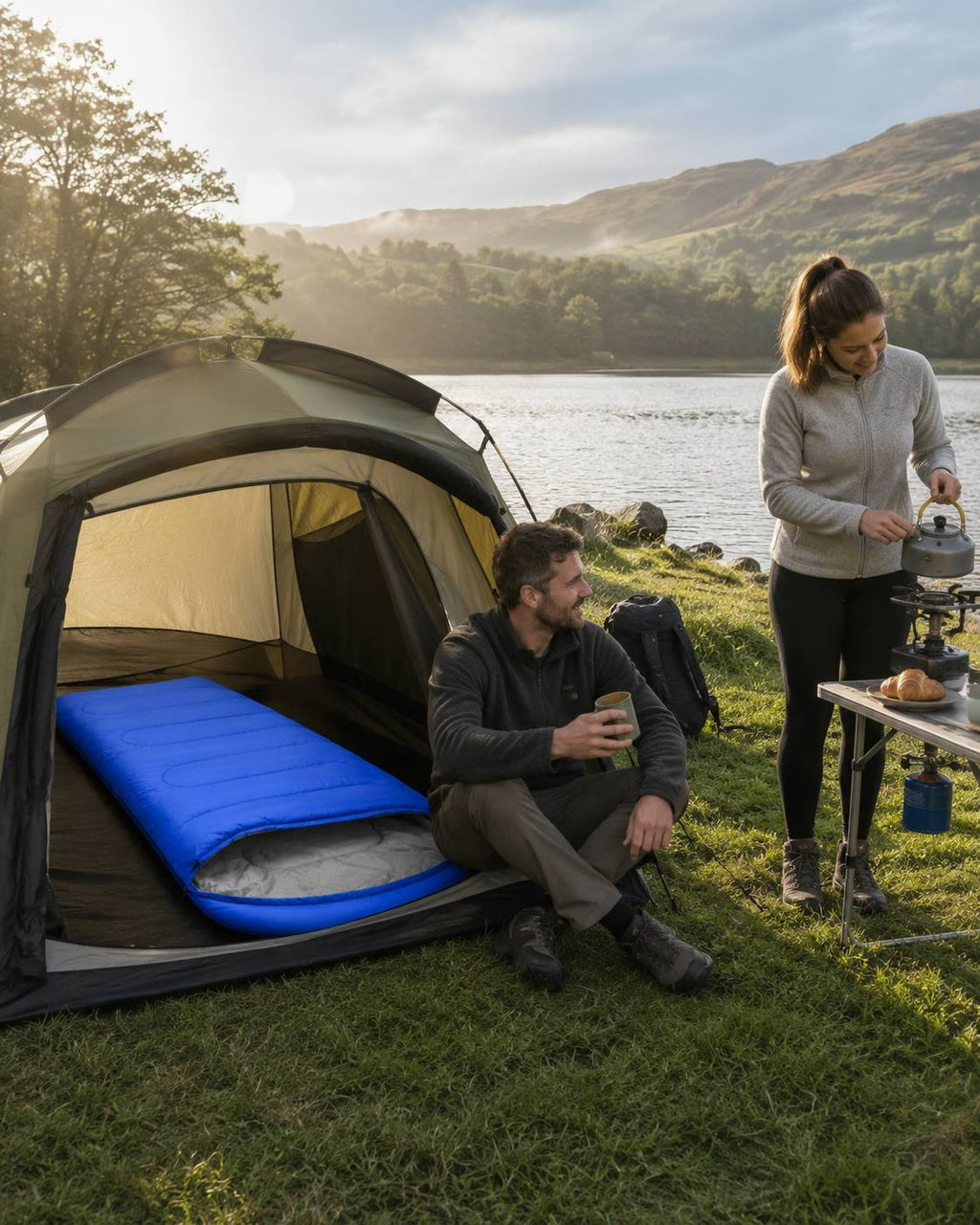 Man sitting outside a green dome tent holding a mug while a woman pours water from a kettle into a camp stove setup, with a blue sleeping bag placed inside the tent by a lake.
