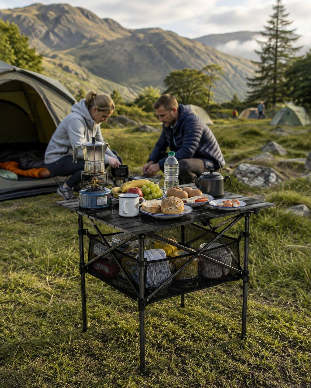 A man and woman preparing breakfast on a black folding camping table loaded with food, coffee maker, and dishes, set up on a grassy campsite with mountains and tents in the background.