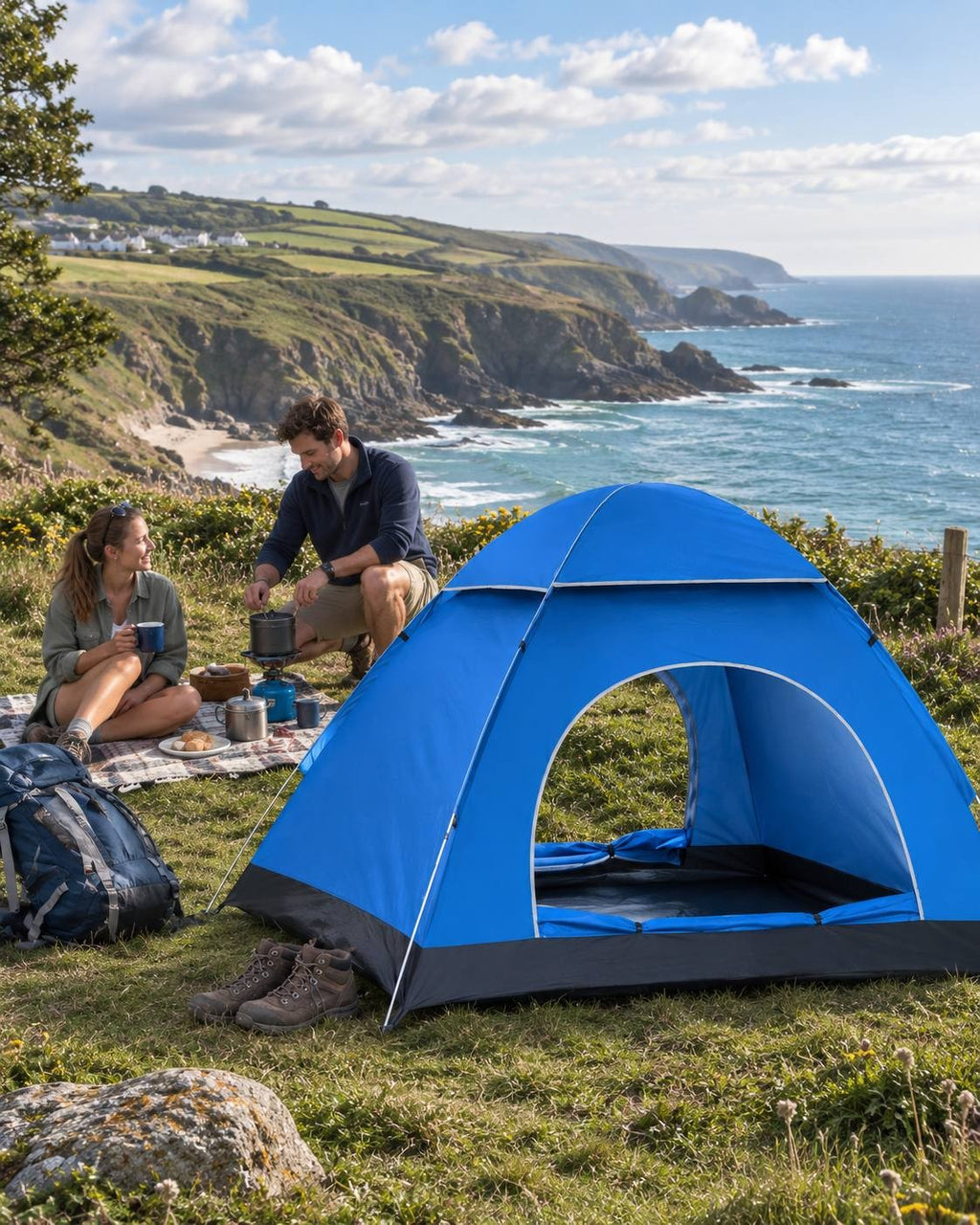 A man and woman camping on a grassy coastal cliff overlooking the sea, sitting near a blue automatic tent while cooking on a portable camp stove.