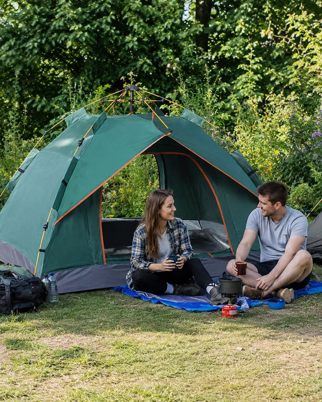 A young man and woman sitting on a picnic blanket in front of a green automatic tent in a lush forest, drinking from mugs and chatting next to a portable camp stove