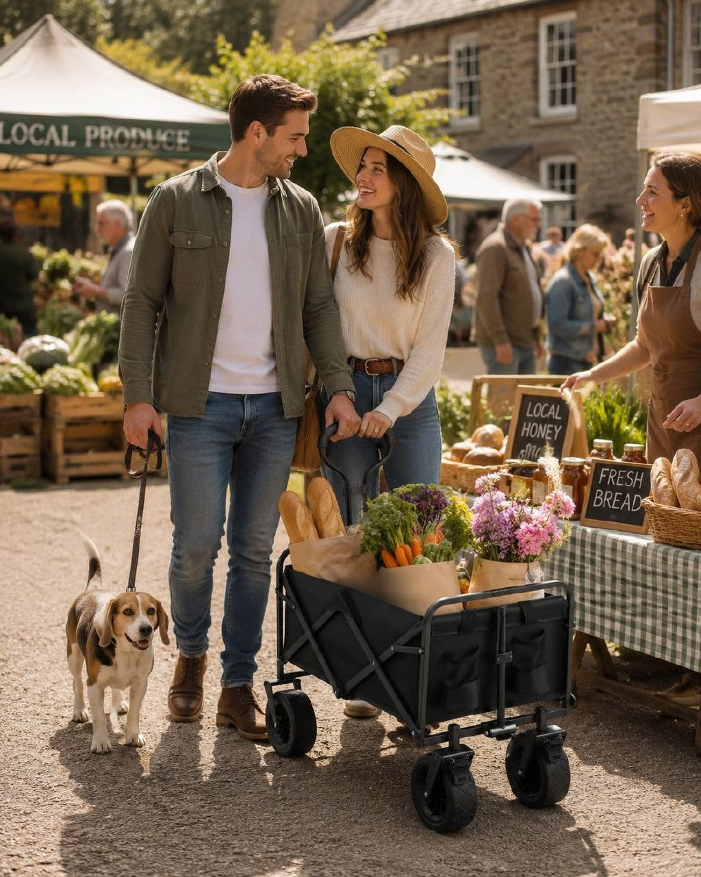Couple walking with a beagle through a local outdoor market pulling a folding utility wagon loaded with fresh bread, vegetables, and flowers.