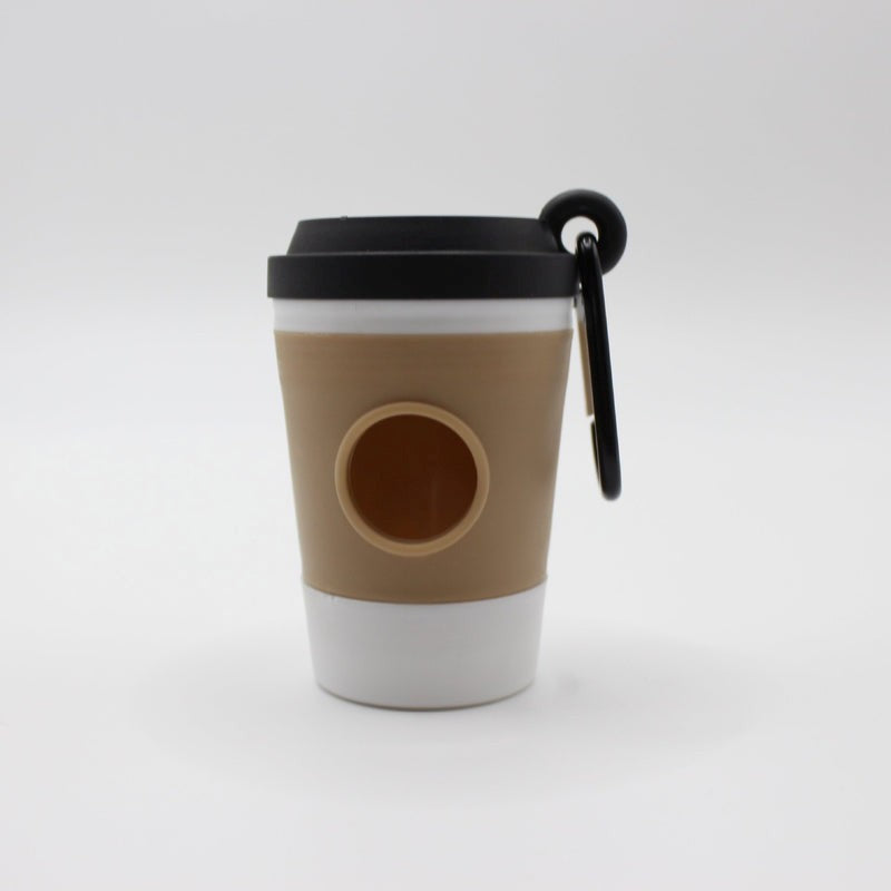 Reusable coffee cup with a black lid and handle on a white background