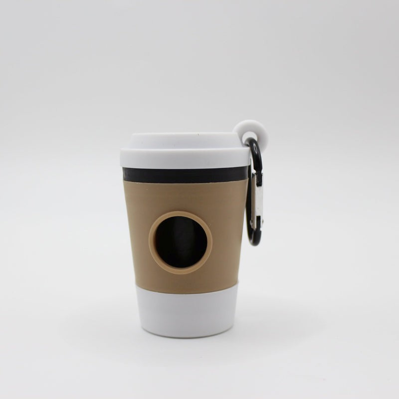 Brown and white travel mug with a black lid and carabiner on a white background
