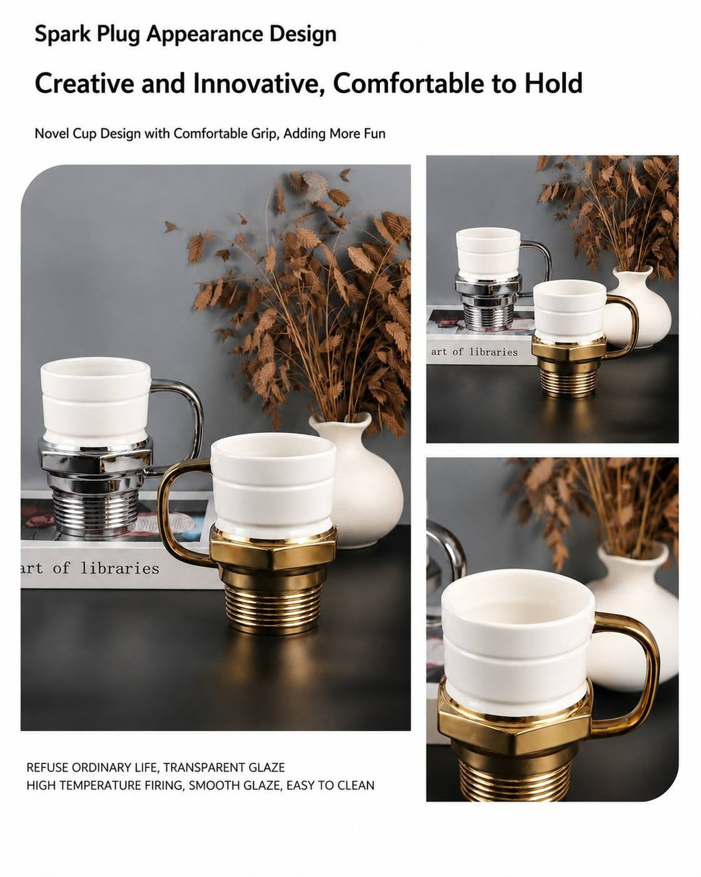 A triptych product display showing multiple views of ceramic coffee mugs designed as automotive spark plugs, with cream-colored bodies and shiny metallic gold or silver-colored threaded bases and C-shaped handles.